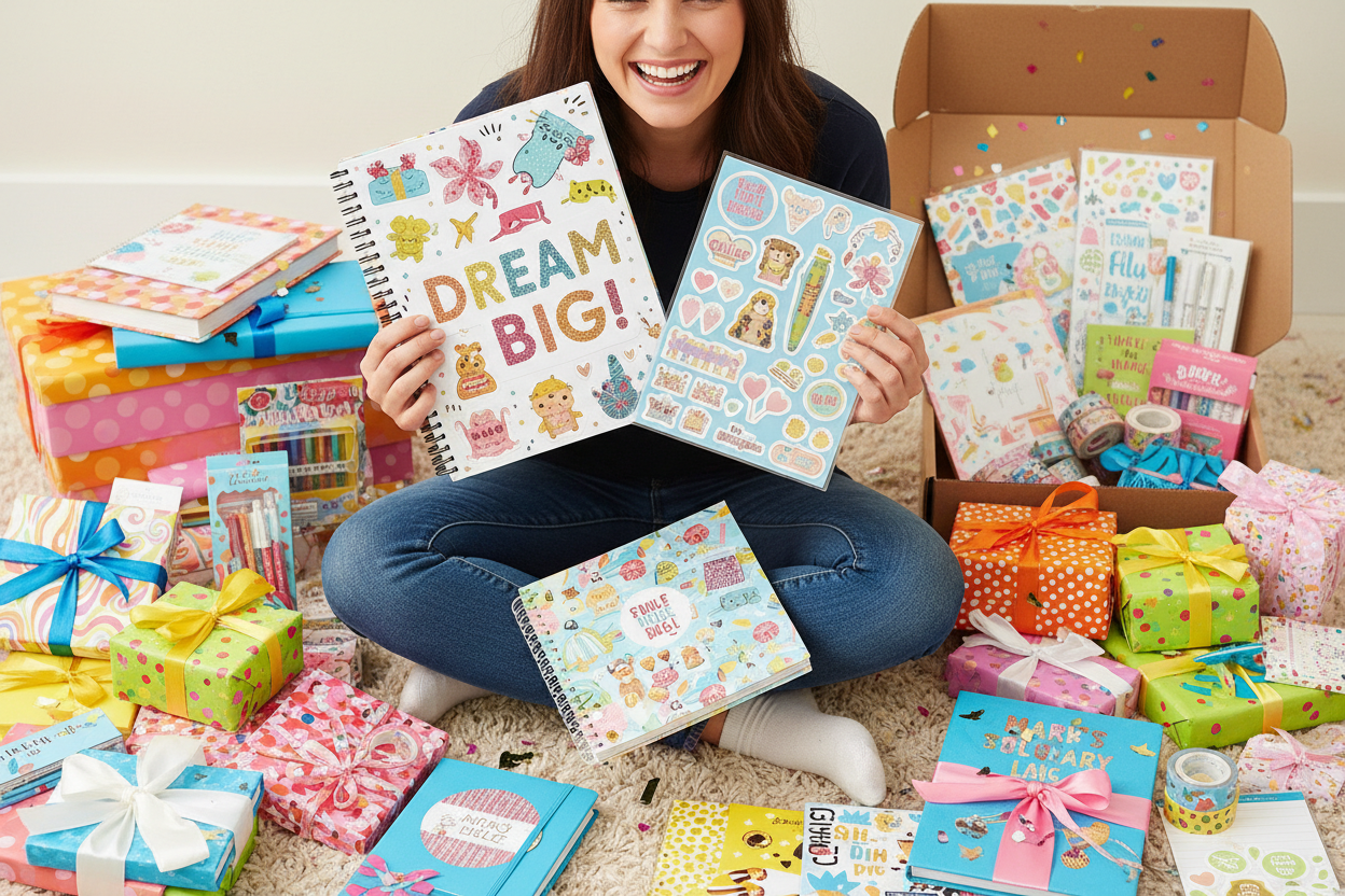 Person surrounded by personalised gifts